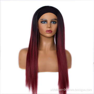 Wholesale headband wigs long straight synthetic hair wig ombre black to burgundy headband wigs for black women